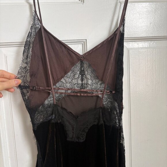 Jen Ceballos x Mango Dress Brown Velvet Black Lace Trim Maxi Long Wedding Guest - Picture 13 of 16